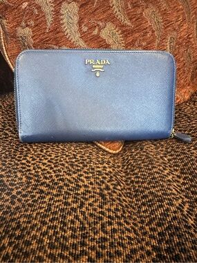 Prada Blue Saffiano Leather Zip Around Long Wallet